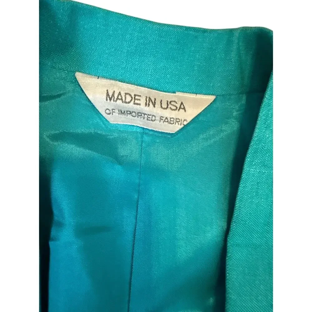 Vintage John Brooks 100% Silk Teal Two Piece Jacket Pleated Midi Skirt Set Sz10